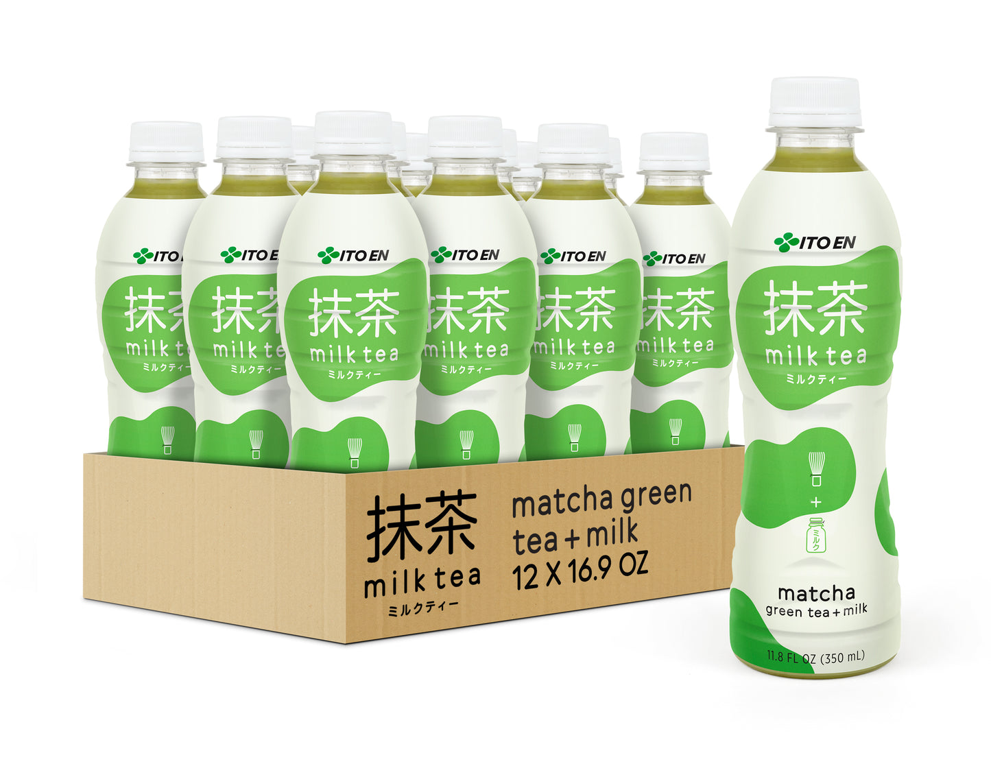Seven bottles of green matcha milk tea with white caps arranged in a cardboard box, with one bottle displayed separately to t