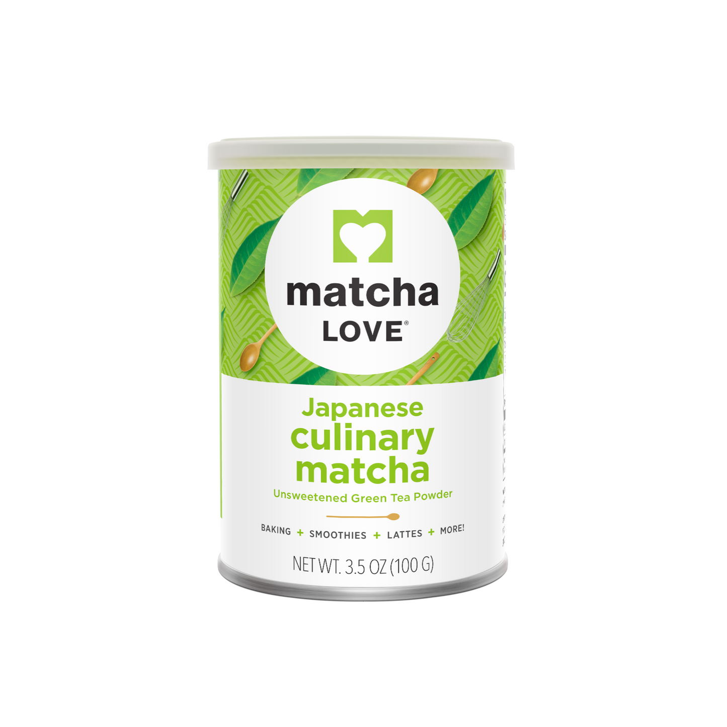 Green tin container of matcha love Japanese culinary matcha powder, 3.5 oz, with green leaf pattern label.