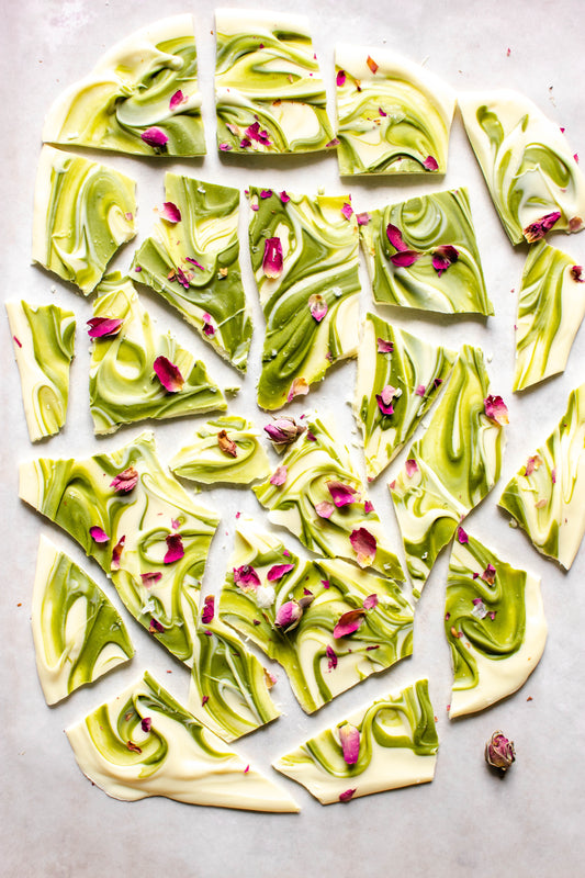 White Chocolate Matcha Swirl Bark with Rose Petals