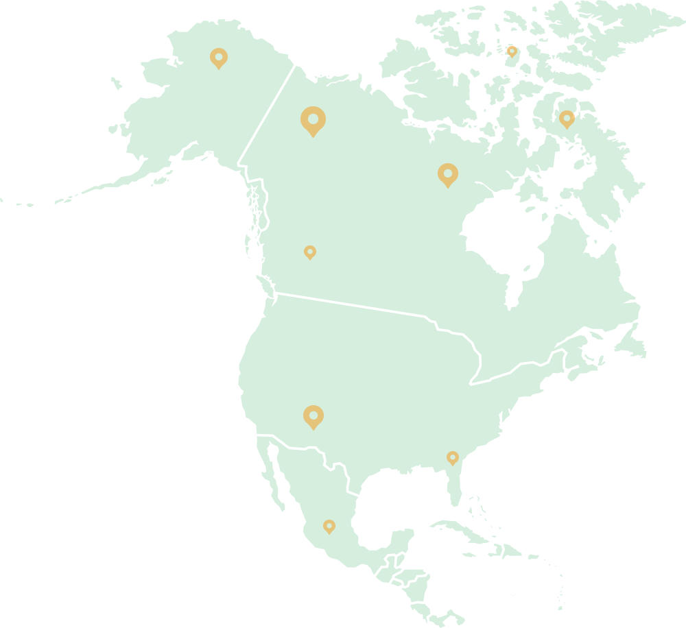 Map of North America with location pins 