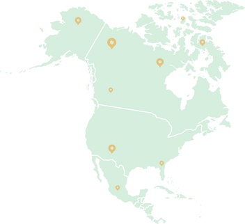 Map of North America with location pins 