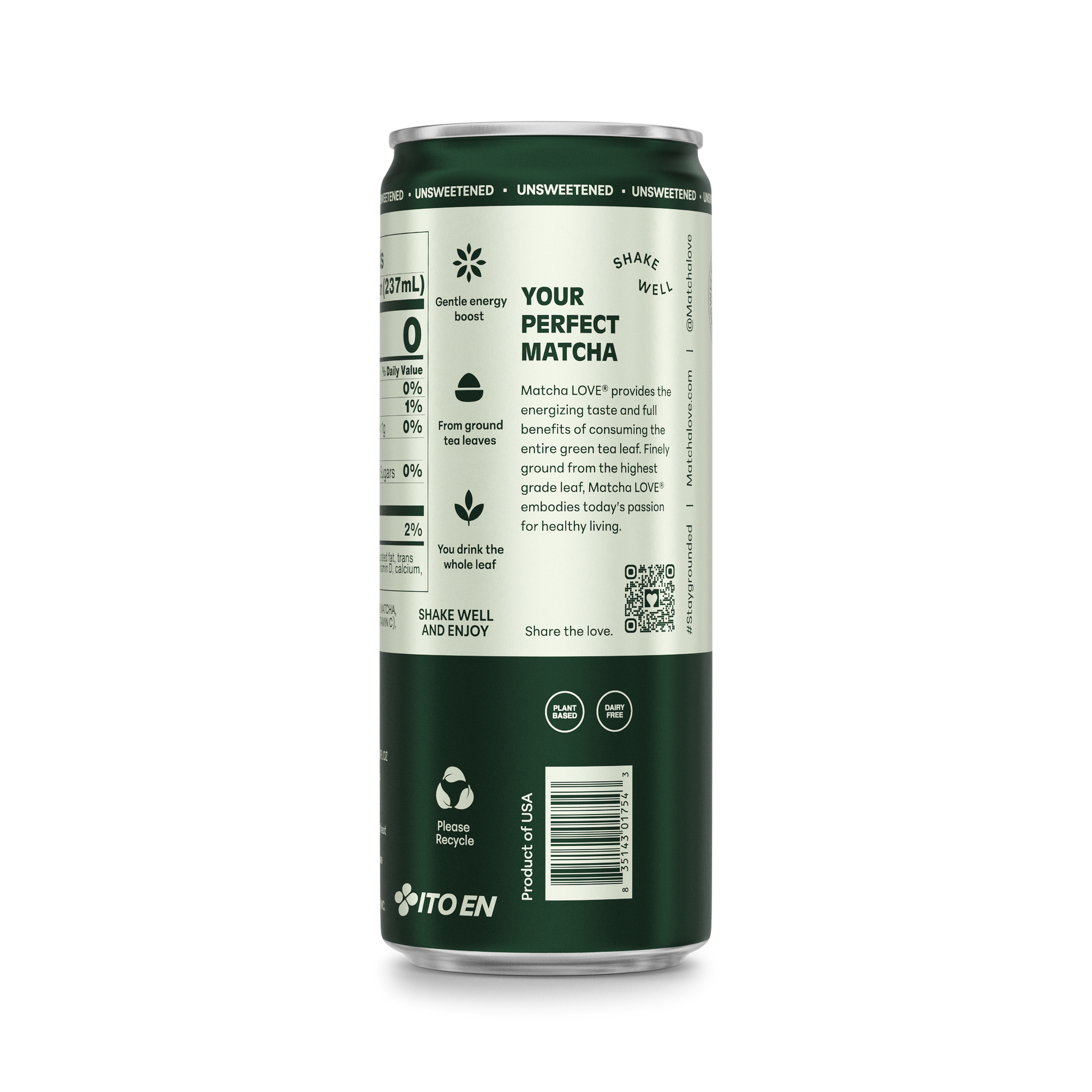Green and cream aluminum can labeled "Your Perfect Matcha" with nutritional information and product details on front and back