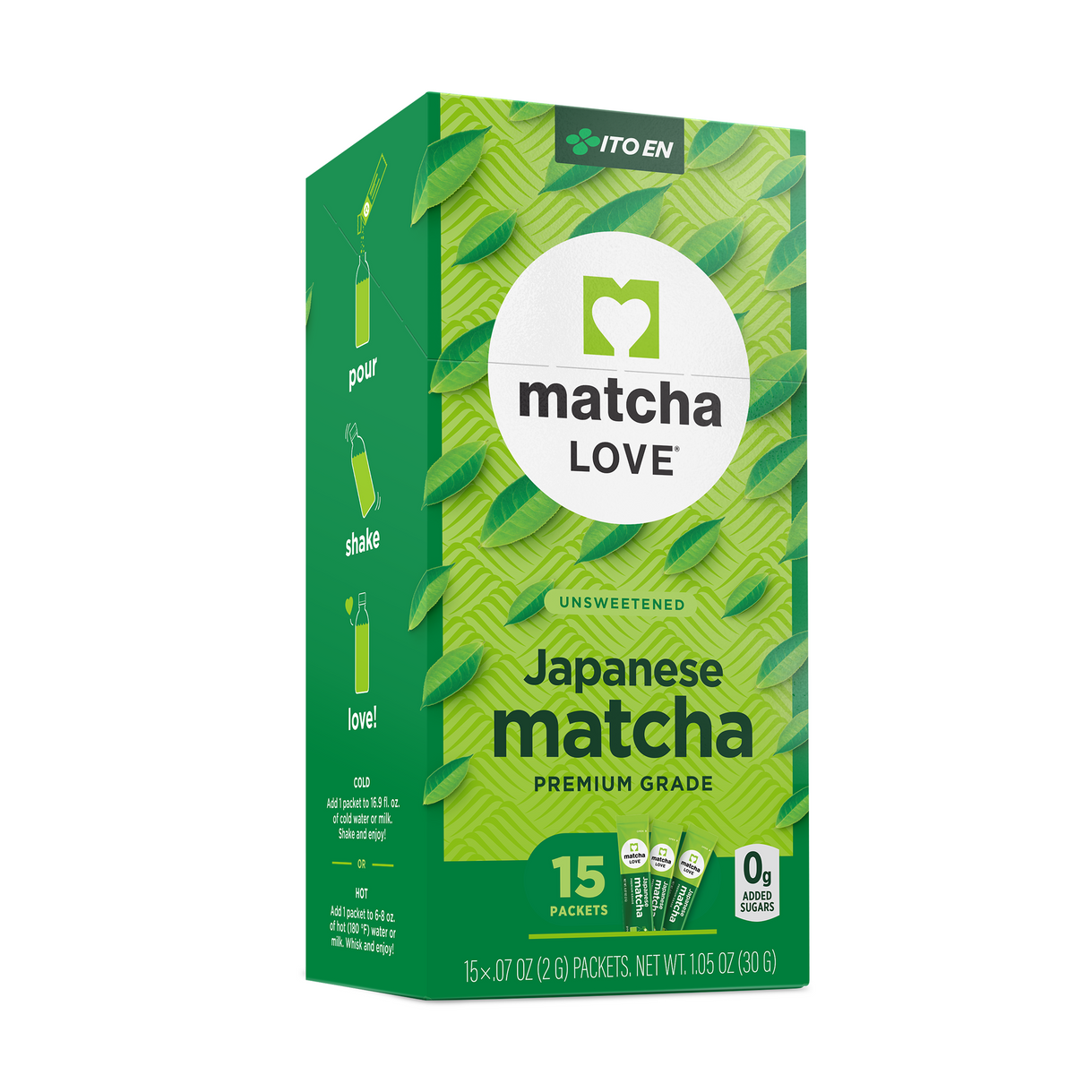 Matcha Love unsweetened Japanese premium grade matcha powder box with 15 single-serve packets.