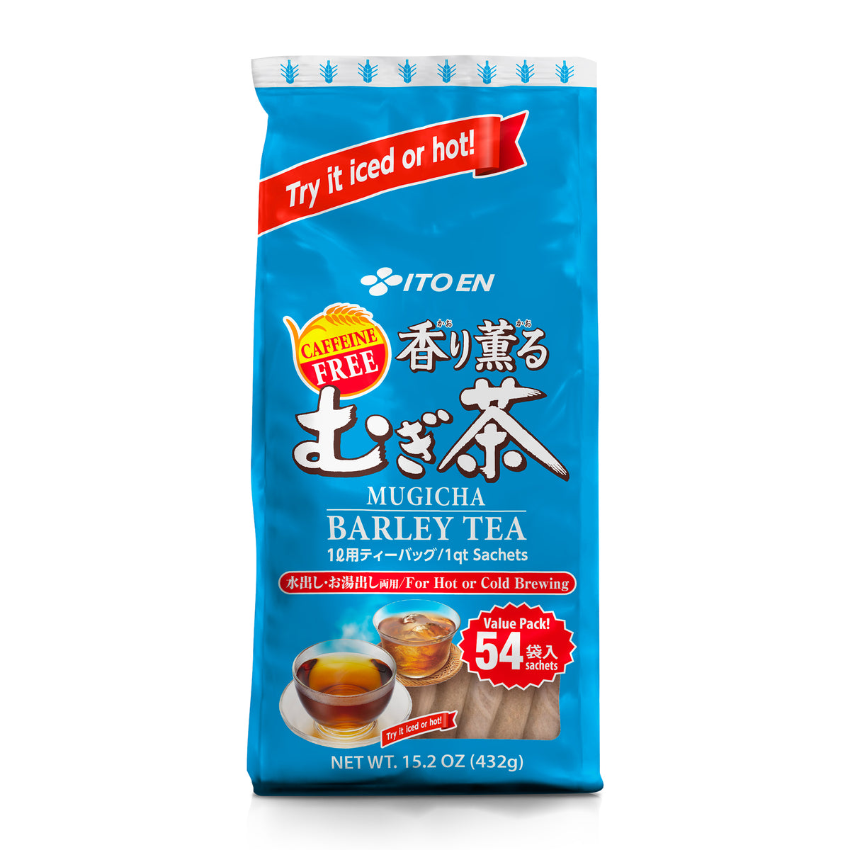 Blue package of Ito En Mugicha barley tea bags with barley illustrations and images of brewed tea, 54 sachets, 15.2 oz.