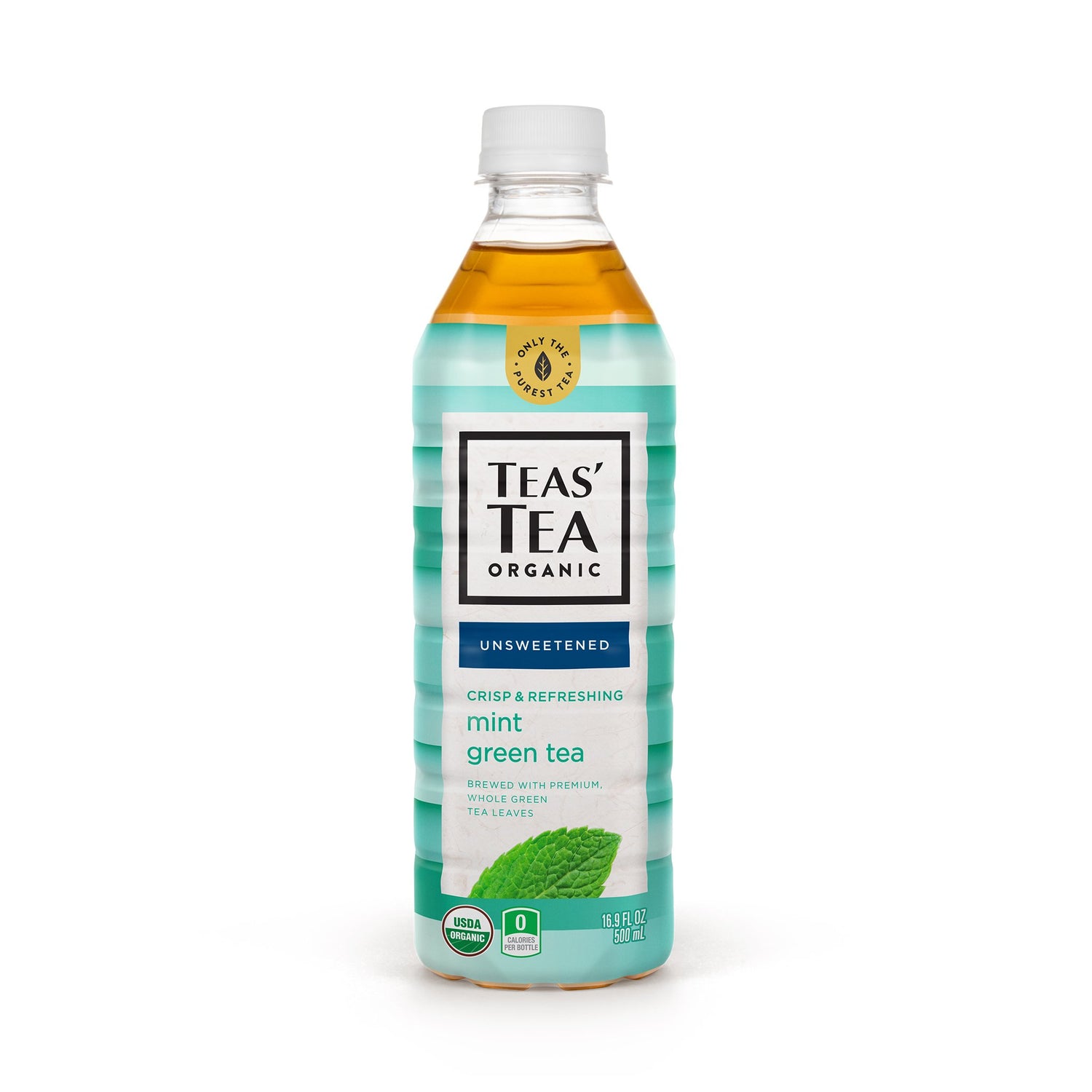 Bottle of unsweetened mint green tea with turquoise and white label, amber liquid visible at top.